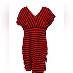Tommy Hilfiger Red and Black Striped V-Neck A Line Dress in Small